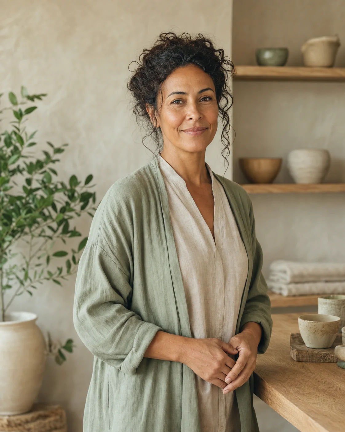 A wellness practitioner in sage and oatmeal linen stands in a calm studio with plants, ceramics, and natural wood.